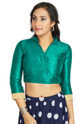 Aastha Fashion Aqu Green Art Silk V Neck Chinese Collar Matty In Sleeve Readymade Blouse | Grocsy