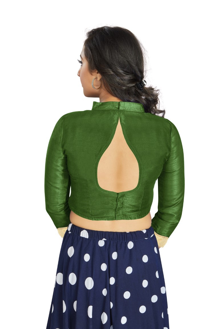 Aastha Fashion Mahendi Art Silk V Neck Chinese Collar Matty In Sleeve Readymade Blouse | Grocsy