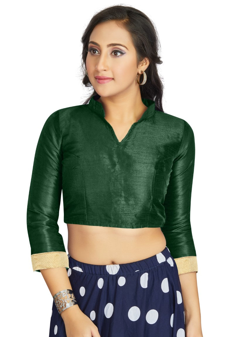 Aastha Fashion Green Art Silk V Neck Chinese Collar Matty In Sleeve Readymade Blouse | Grocsy