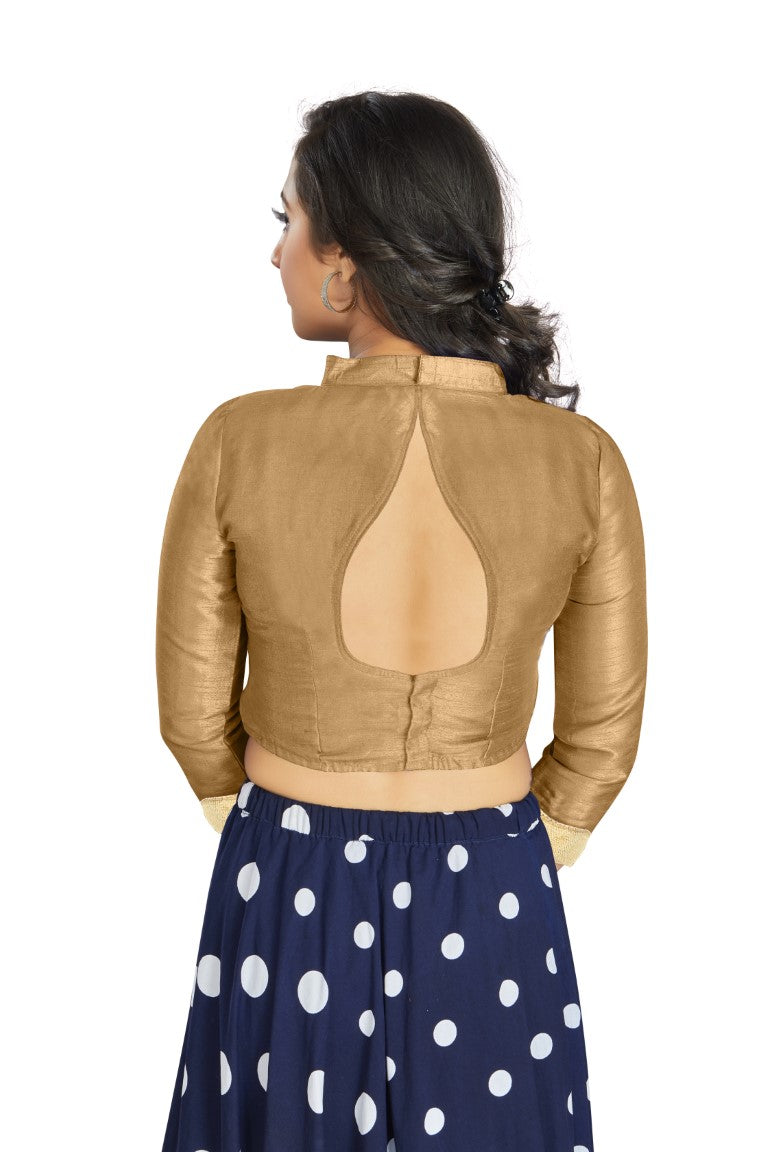 Aastha Fashion Beige Art Silk V Neck Chinese Collar Matty In Sleeve Readymade Blouse | Grocsy