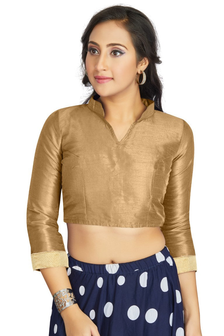 Aastha Fashion Beige Art Silk V Neck Chinese Collar Matty In Sleeve Readymade Blouse | Grocsy