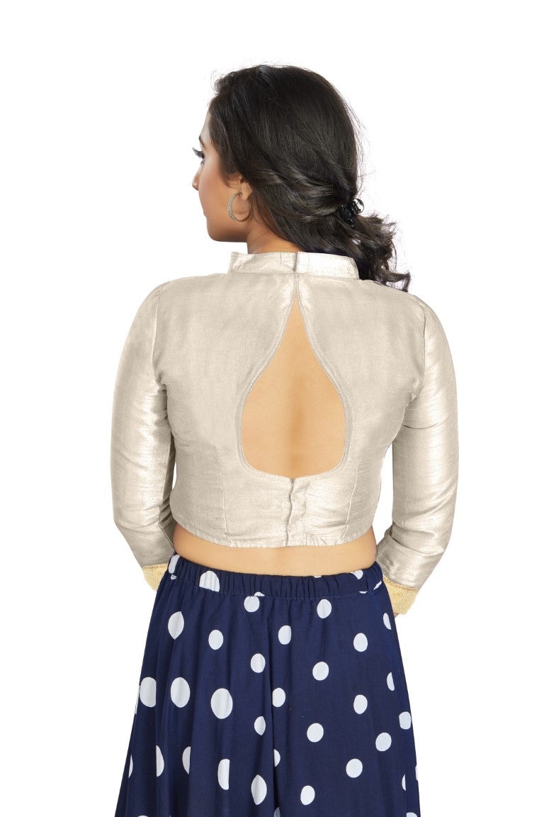 Aastha Fashion Off White Art Silk V Neck Chinese Collar Matty In Sleeve Readymade Blouse | Grocsy