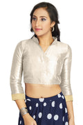 Aastha Fashion Off White Art Silk V Neck Chinese Collar Matty In Sleeve Readymade Blouse | Grocsy