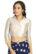 Aastha Fashion Off White Art Silk V Neck Chinese Collar Matty In Sleeve Readymade Blouse | Grocsy