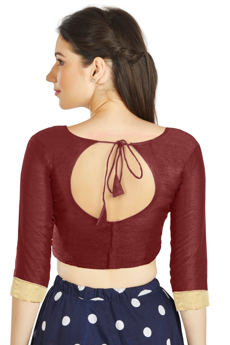 Aastha Fashion Dark Maroon Art Silk Sweet Heart Neck style Matty in Sleeves Readymade Blouse | Grocsy