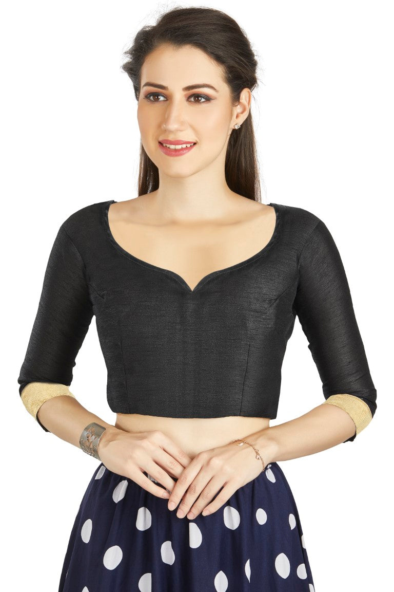 Aastha Fashion Black Art Silk Sweet Heart Neck style Matty in Sleeves Readymade Blouse | Grocsy