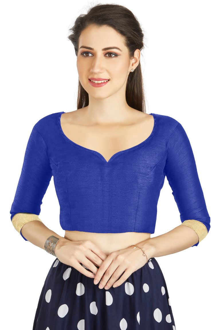 Aastha Fashion Royal Blue Art Silk Sweet Heart Neck style Matty in Sleeves Readymade Blouse | Grocsy