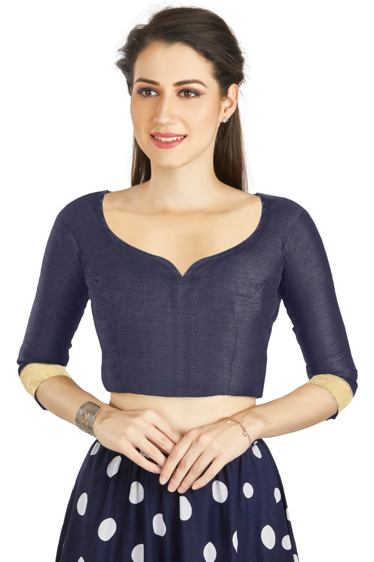 Aastha Fashion Navy Blue Art Silk Sweet Heart Neck style Matty in Sleeves Readymade Blouse | Grocsy