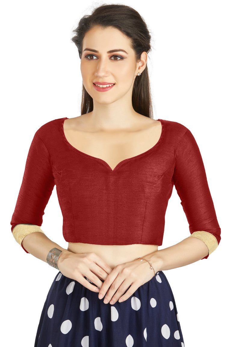 Aastha Fashion Maroon Art Silk Sweet Heart Neck style Matty in Sleeves Readymade Blouse | Grocsy