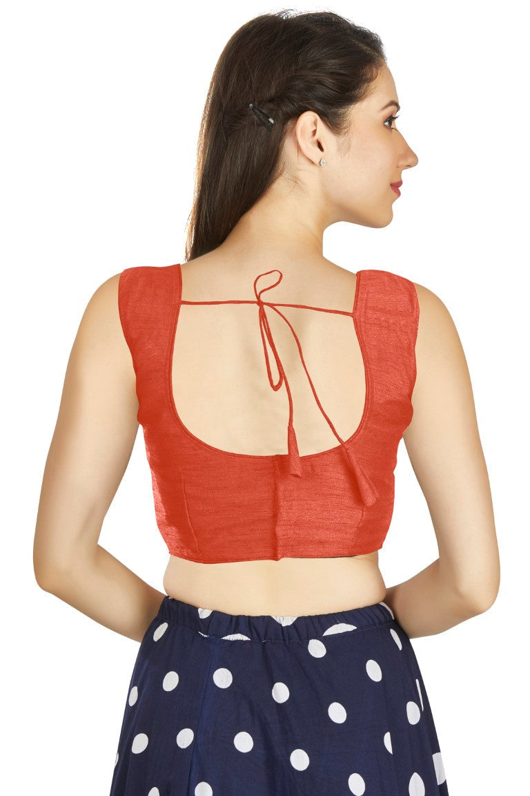 Aastha Fashion Orange Art Silk Pleated Boat Neck Plain Readymade Blouse | Grocsy