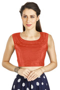Aastha Fashion Orange Art Silk Pleated Boat Neck Plain Readymade Blouse | Grocsy