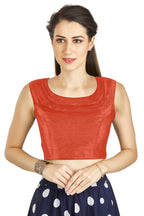 Aastha Fashion Orange Art Silk Pleated Boat Neck Plain Readymade Blouse | Grocsy
