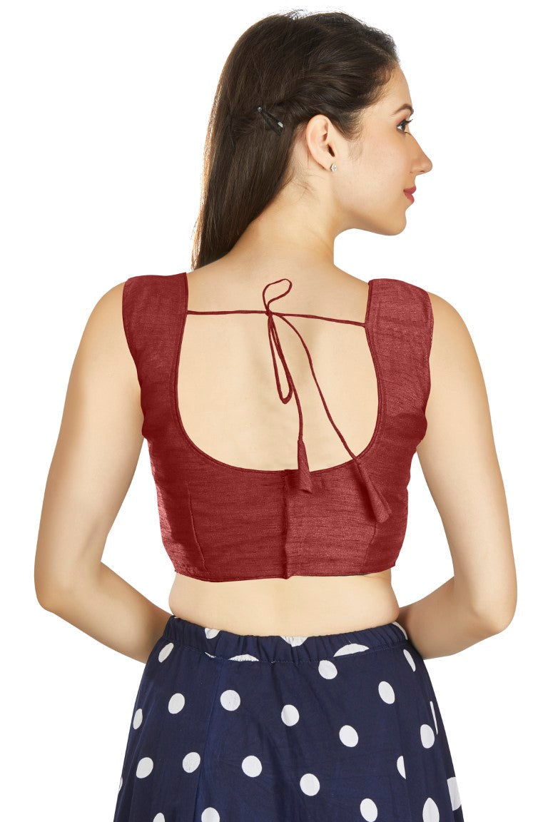 Aastha Fashion Maroon Art Silk Pleated Boat Neck Plain Readymade Blouse | Grocsy