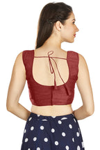 Aastha Fashion Maroon Art Silk Pleated Boat Neck Plain Readymade Blouse | Grocsy