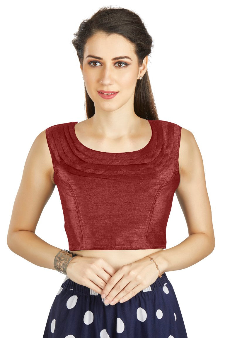 Aastha Fashion Maroon Art Silk Pleated Boat Neck Plain Readymade Blouse | Grocsy
