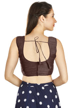 Aastha Fashion Brown Art Silk Pleated Boat Neck Plain Readymade Blouse | Grocsy