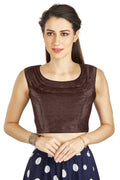 Aastha Fashion Brown Art Silk Pleated Boat Neck Plain Readymade Blouse | Grocsy
