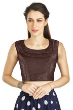Aastha Fashion Brown Art Silk Pleated Boat Neck Plain Readymade Blouse | Grocsy