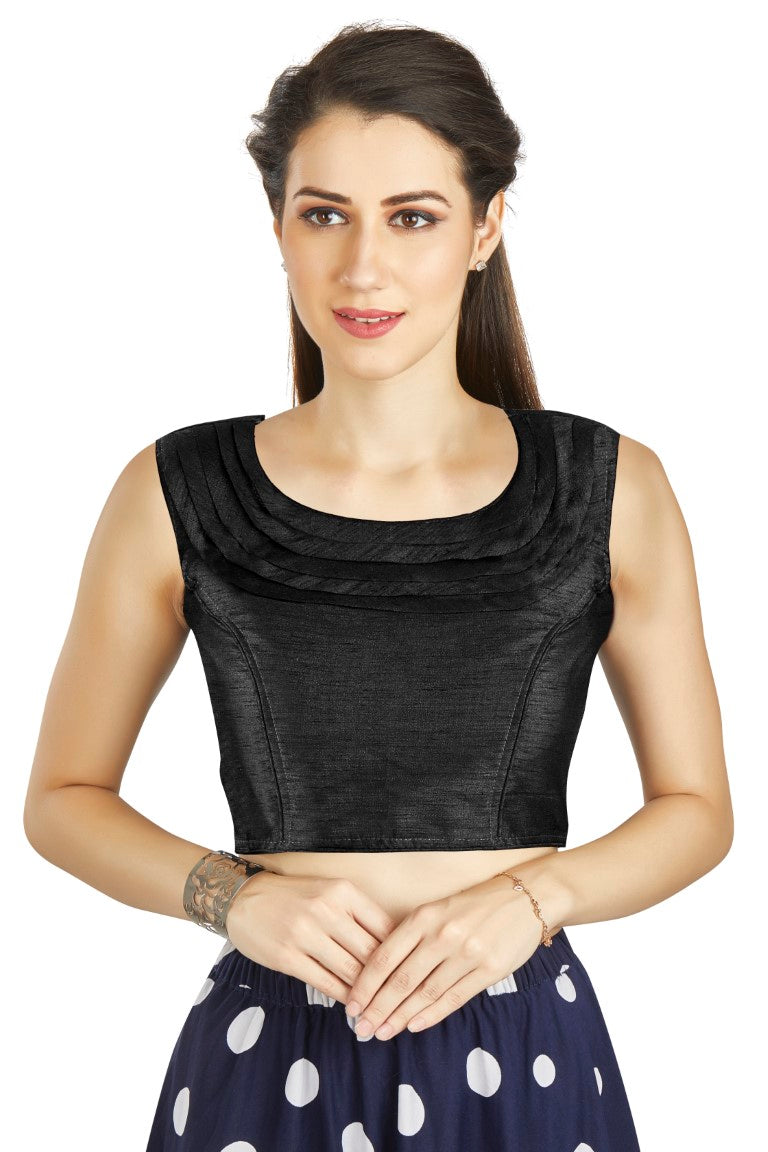 Aastha Fashion Black Art Silk Pleated Boat Neck Plain Readymade Blouse | Grocsy