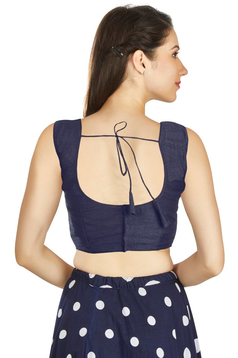 Aastha Fashion Navy Blue Art Silk Pleated Boat Neck Plain Readymade Blouse | Grocsy