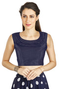 Aastha Fashion Navy Blue Art Silk Pleated Boat Neck Plain Readymade Blouse | Grocsy