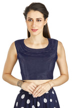 Aastha Fashion Navy Blue Art Silk Pleated Boat Neck Plain Readymade Blouse | Grocsy