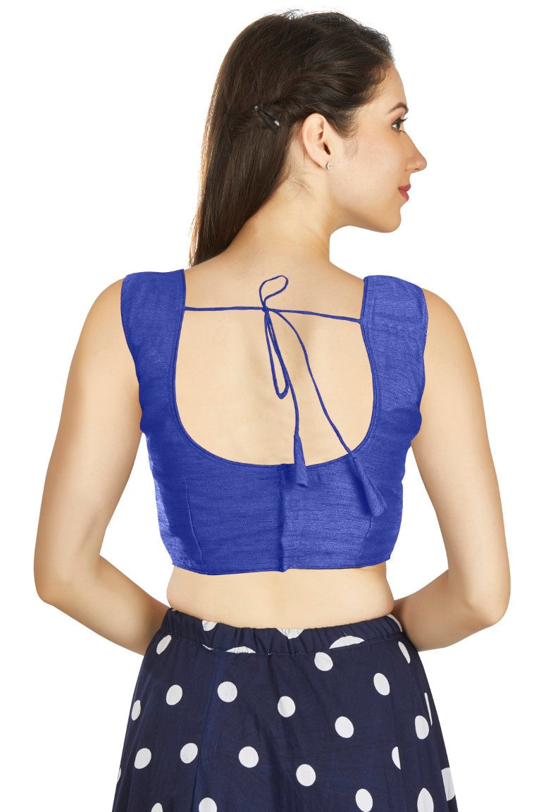 Aastha Fashion Royal Blue Art Silk Pleated Boat Neck Plain Readymade Blouse | Grocsy