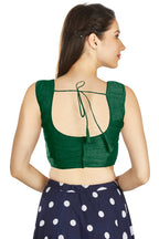 Aastha Fashion Green Art Silk Pleated Boat Neck Plain Readymade Blouse | Grocsy