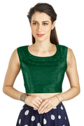 Aastha Fashion Green Art Silk Pleated Boat Neck Plain Readymade Blouse | Grocsy