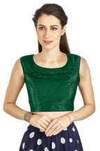Aastha Fashion Green Art Silk Pleated Boat Neck Plain Readymade Blouse | Grocsy