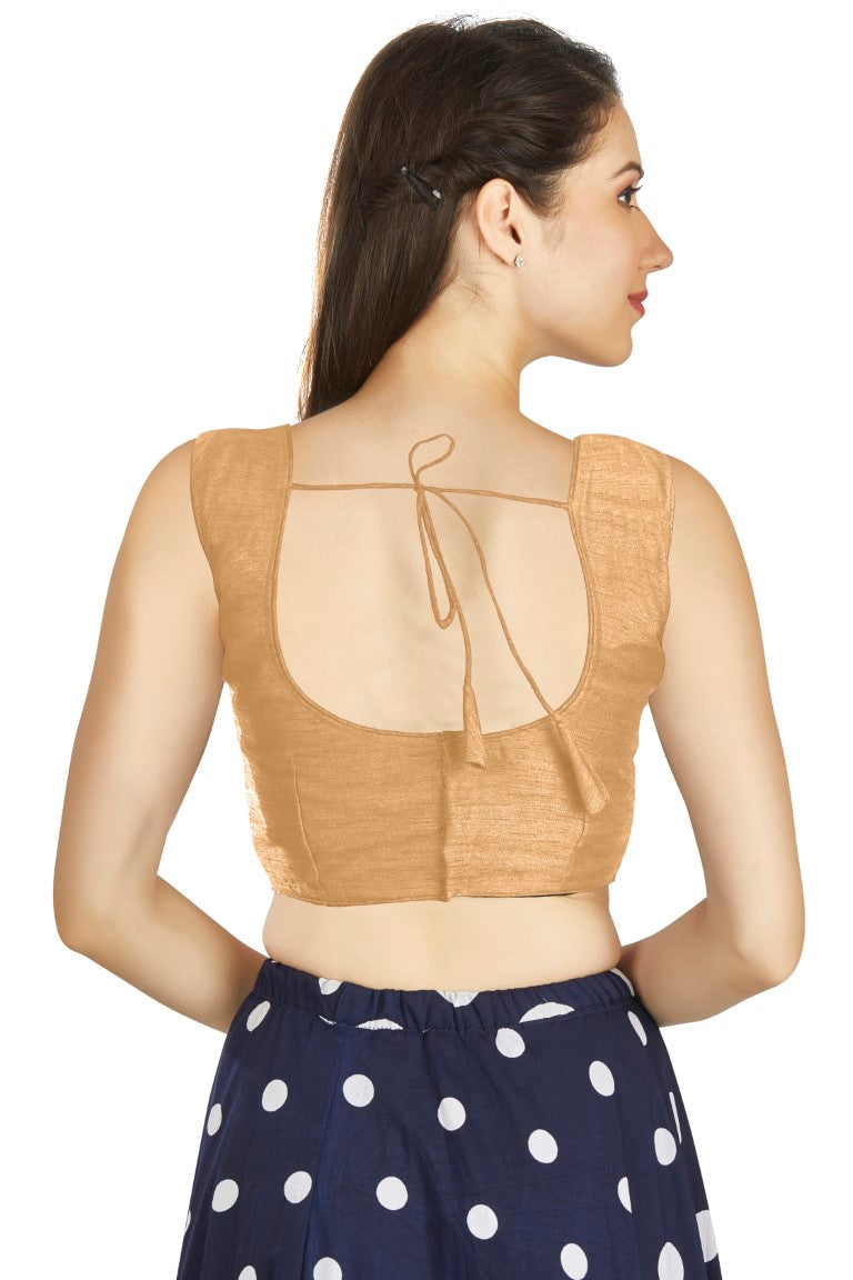 Aastha Fashion Beige Art Silk Pleated Boat Neck Plain Readymade Blouse | Grocsy