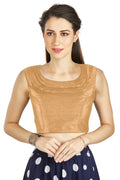 Aastha Fashion Beige Art Silk Pleated Boat Neck Plain Readymade Blouse | Grocsy