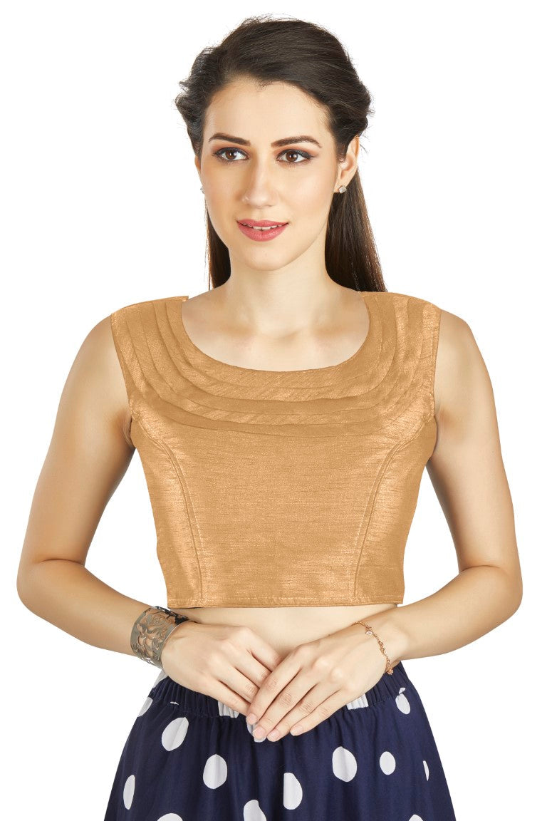 Aastha Fashion Beige Art Silk Pleated Boat Neck Plain Readymade Blouse | Grocsy