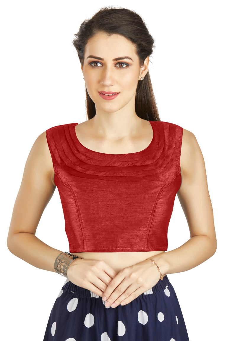 Aastha Fashion Red Art Silk Pleated Boat Neck Plain Readymade Blouse | Grocsy