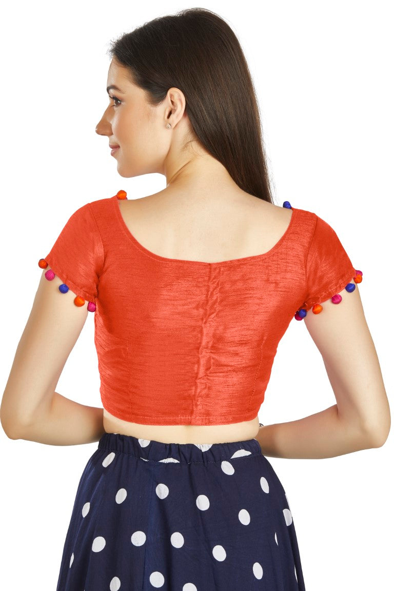 Aastha Fashion Orange Art Sleek Boat Neck Potli Design In Neck Or Sleeve Readymade Blouse | Grocsy