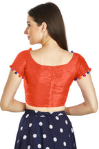 Aastha Fashion Orange Art Sleek Boat Neck Potli Design In Neck Or Sleeve Readymade Blouse | Grocsy