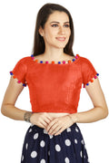 Aastha Fashion Orange Art Sleek Boat Neck Potli Design In Neck Or Sleeve Readymade Blouse | Grocsy