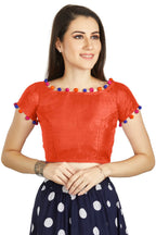 Aastha Fashion Orange Art Sleek Boat Neck Potli Design In Neck Or Sleeve Readymade Blouse | Grocsy