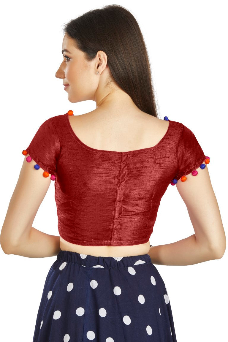 Aastha Fashion Maroon Art Sleek Boat Neck Potli Design In Neck Or Sleeve Readymade Blouse | Grocsy