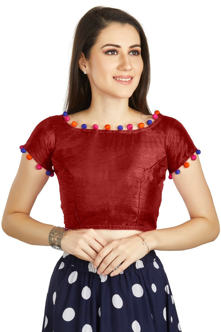 Aastha Fashion Maroon Art Sleek Boat Neck Potli Design In Neck Or Sleeve Readymade Blouse | Grocsy