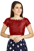Aastha Fashion Maroon Art Sleek Boat Neck Potli Design In Neck Or Sleeve Readymade Blouse | Grocsy