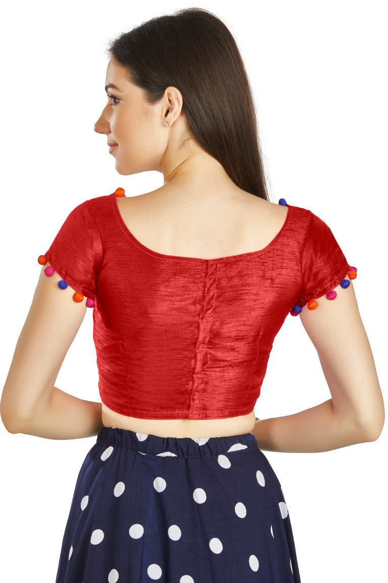 Aastha Fashion Red Art Sleek Boat Neck Potli Design In Neck Or Sleeve Readymade Blouse | Grocsy