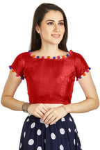 Aastha Fashion Red Art Sleek Boat Neck Potli Design In Neck Or Sleeve Readymade Blouse | Grocsy