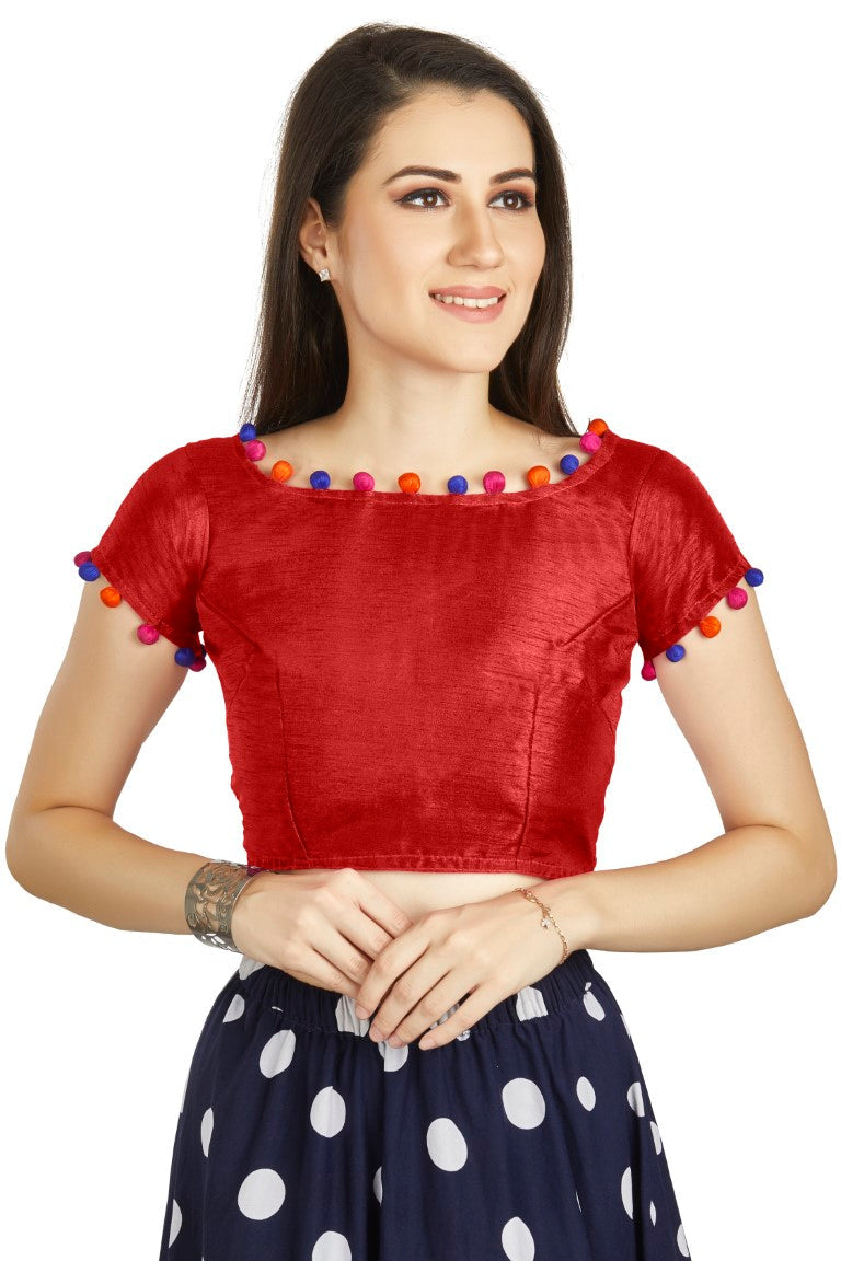 Aastha Fashion Red Art Sleek Boat Neck Potli Design In Neck Or Sleeve Readymade Blouse | Grocsy