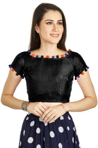 Aastha Fashion Black Art Sleek Boat Neck Potli Design In Neck Or Sleeve Readymade Blouse | Grocsy