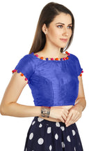 Aastha Fashion Royal Blue Art Sleek Boat Neck Potli Design In Neck Or Sleeve Readymade Blouse | Grocsy