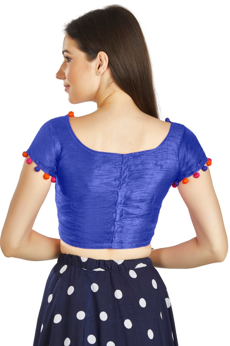 Aastha Fashion Royal Blue Art Sleek Boat Neck Potli Design In Neck Or Sleeve Readymade Blouse | Grocsy