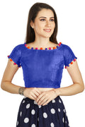 Aastha Fashion Royal Blue Art Sleek Boat Neck Potli Design In Neck Or Sleeve Readymade Blouse | Grocsy