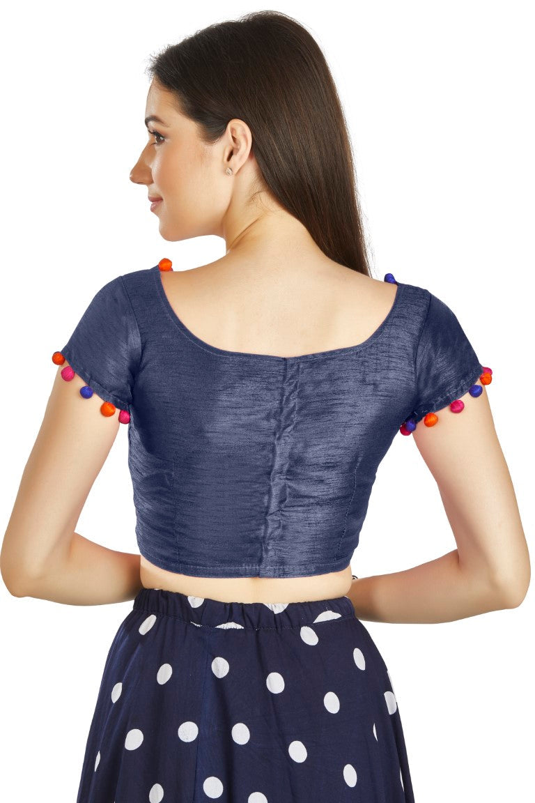 Aastha Fashion Navy Blue Art Sleek Boat Neck Potli Design In Neck Or Sleeve Readymade Blouse | Grocsy