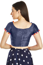 Aastha Fashion Navy Blue Art Sleek Boat Neck Potli Design In Neck Or Sleeve Readymade Blouse | Grocsy